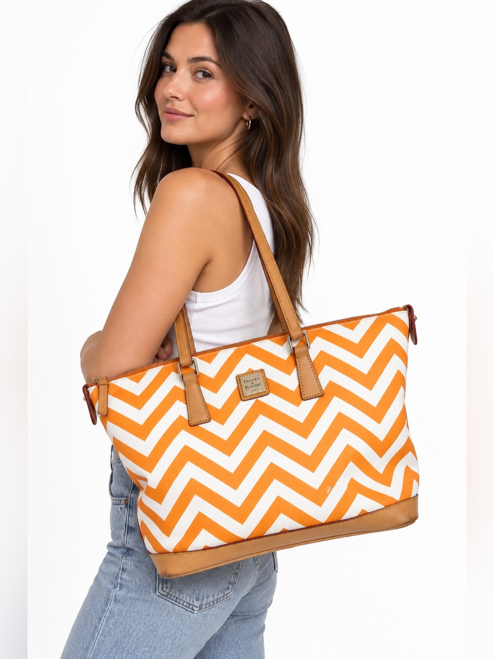 Dooney & Bourke Orange White Chevron Large Zip Tote Shoulder Bag
